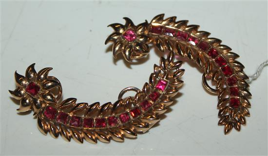 A pair of Middle Eastern? gold and red stone set curved full length earrings, 2.25in.